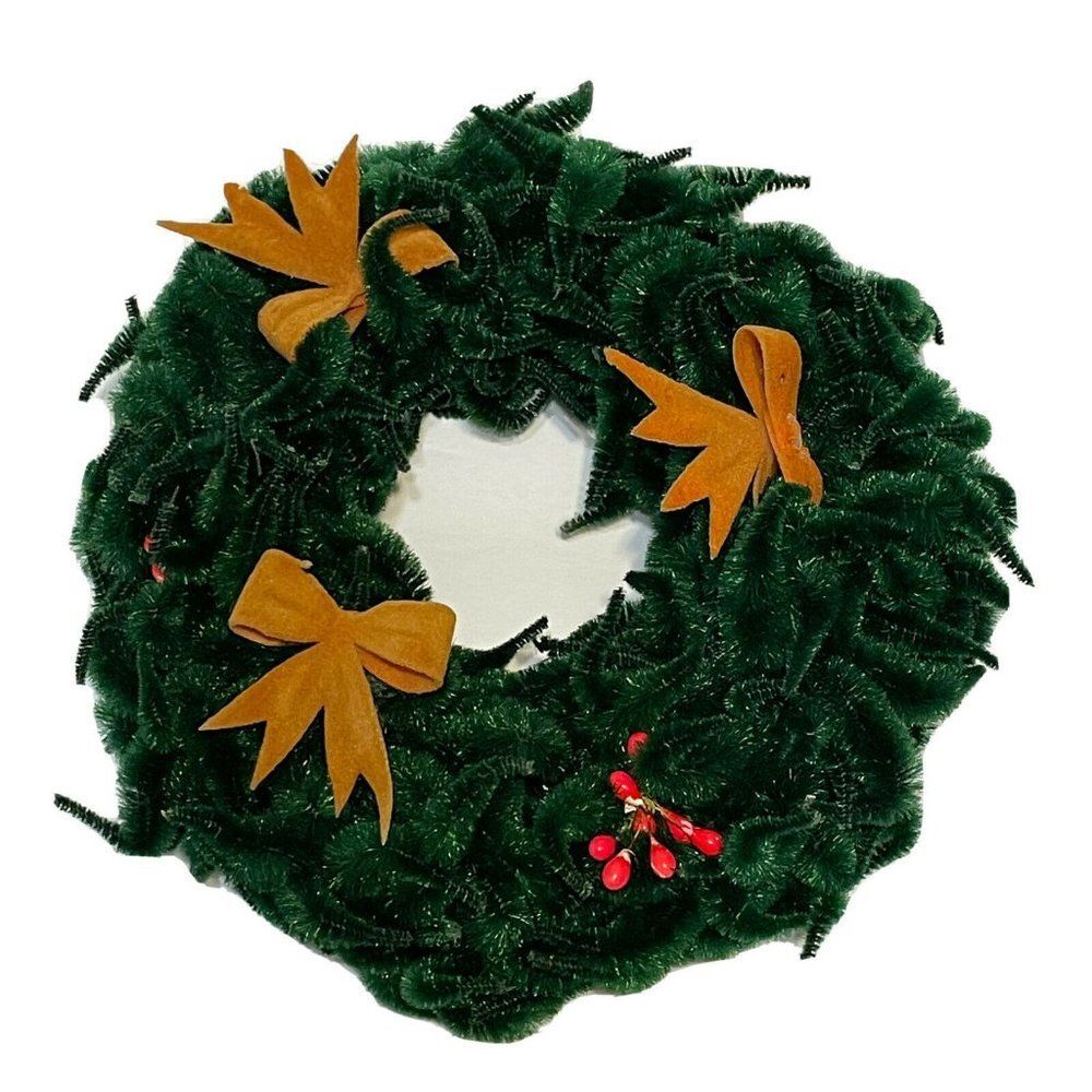 vintage green chenile christmas wreath Decor Gold bows berries